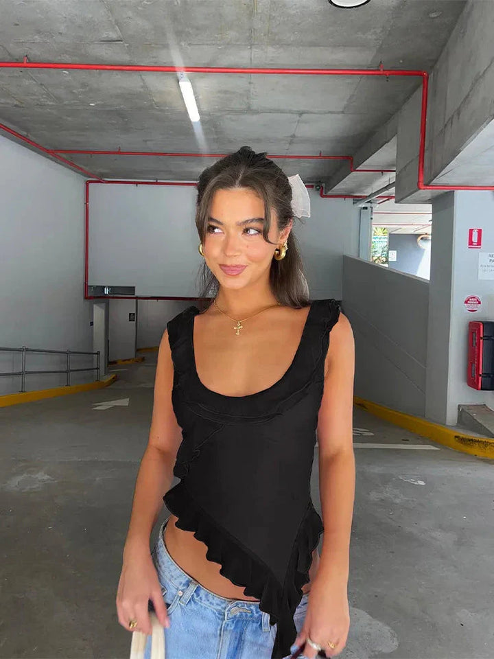 Monica Secrets | Sleeveless Top With Ruffles And Asymmetrical Hem In Tailored Fit With U-Neck