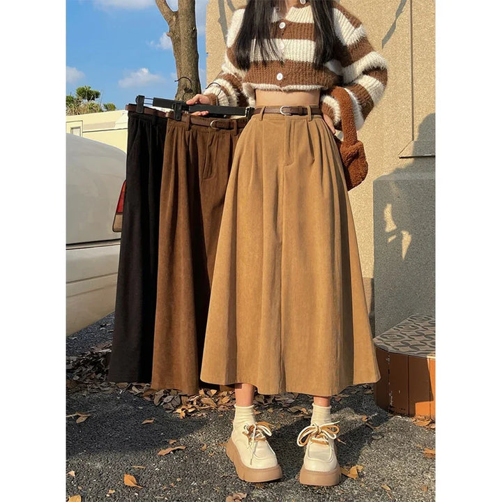 Monica Secrets | Classic Belt Corduroy Midi Skirt