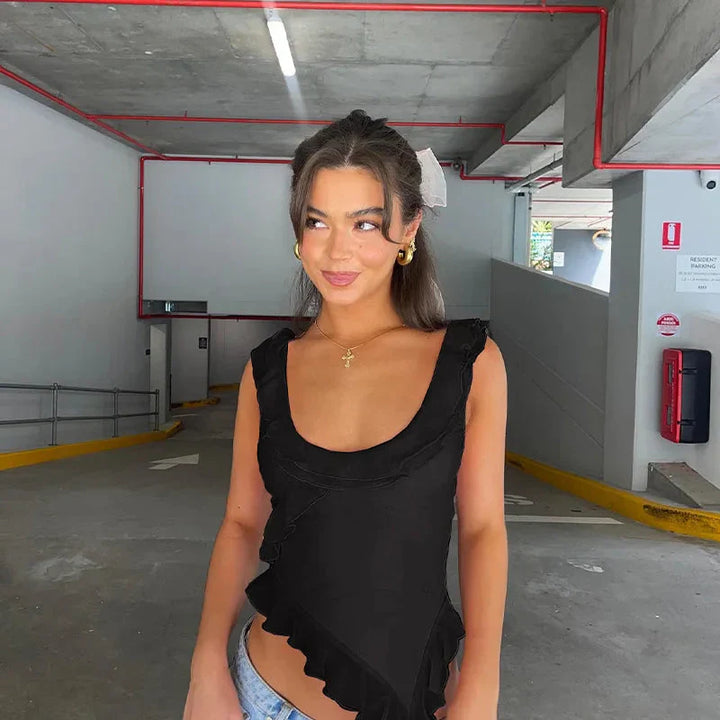 Monica Secrets | Sleeveless Top With Ruffles And Asymmetrical Hem In Tailored Fit With U-Neck