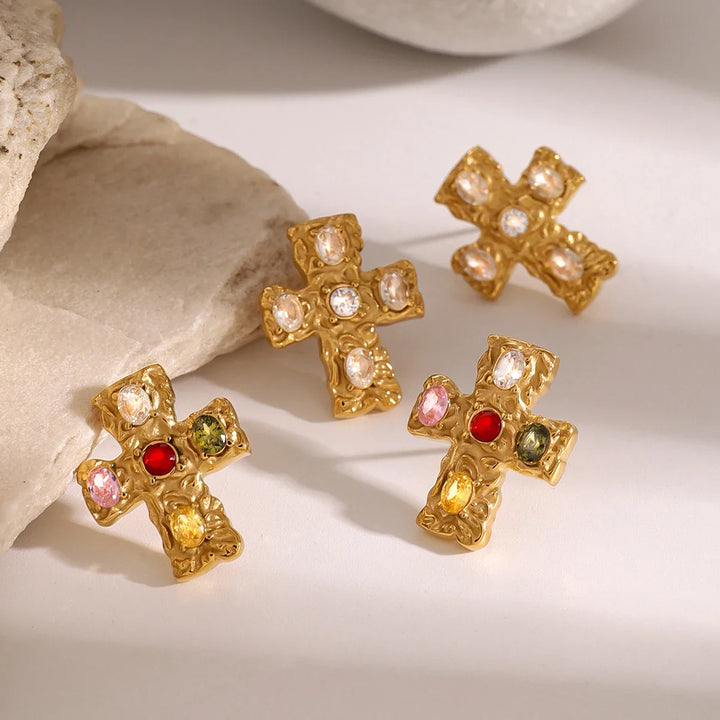 18k Textured Oval Diamond Cross Earrings