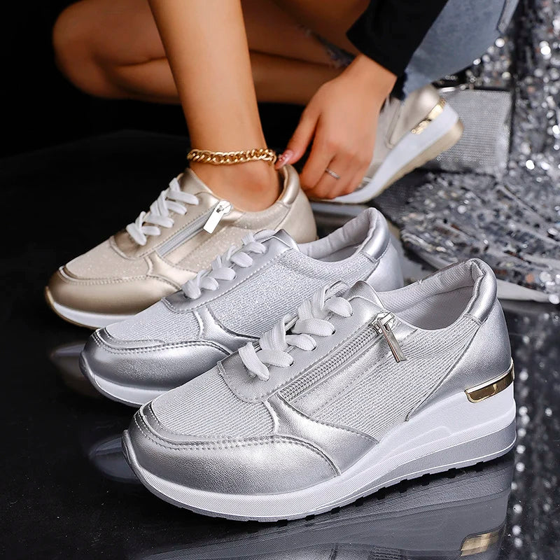 Monica Secrets | Metallic Finish Lace-Up Platform Sneakers