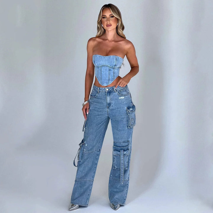 Monica Secrets | Women's Corset Top – Denim – Strapless – Fitted – Cropped