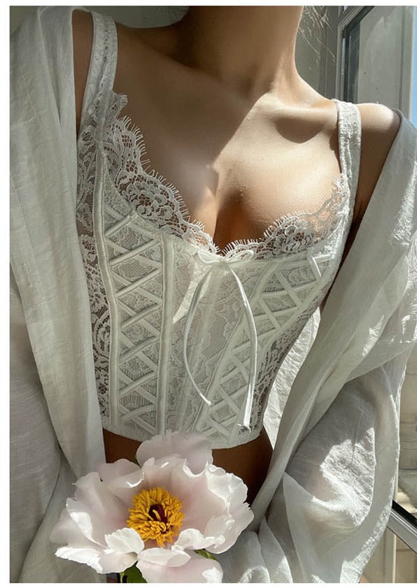 Monica Secrets | Women's Corset Top – Lace Details – Reinforced Fit – Lace-up Closure – Elegant Design