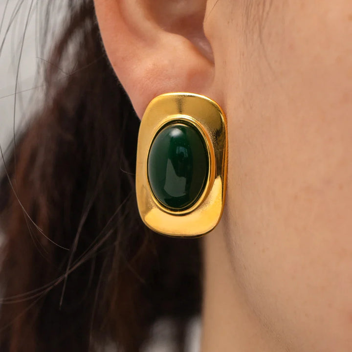 18k Green Oval Opal Rectangle Earrings