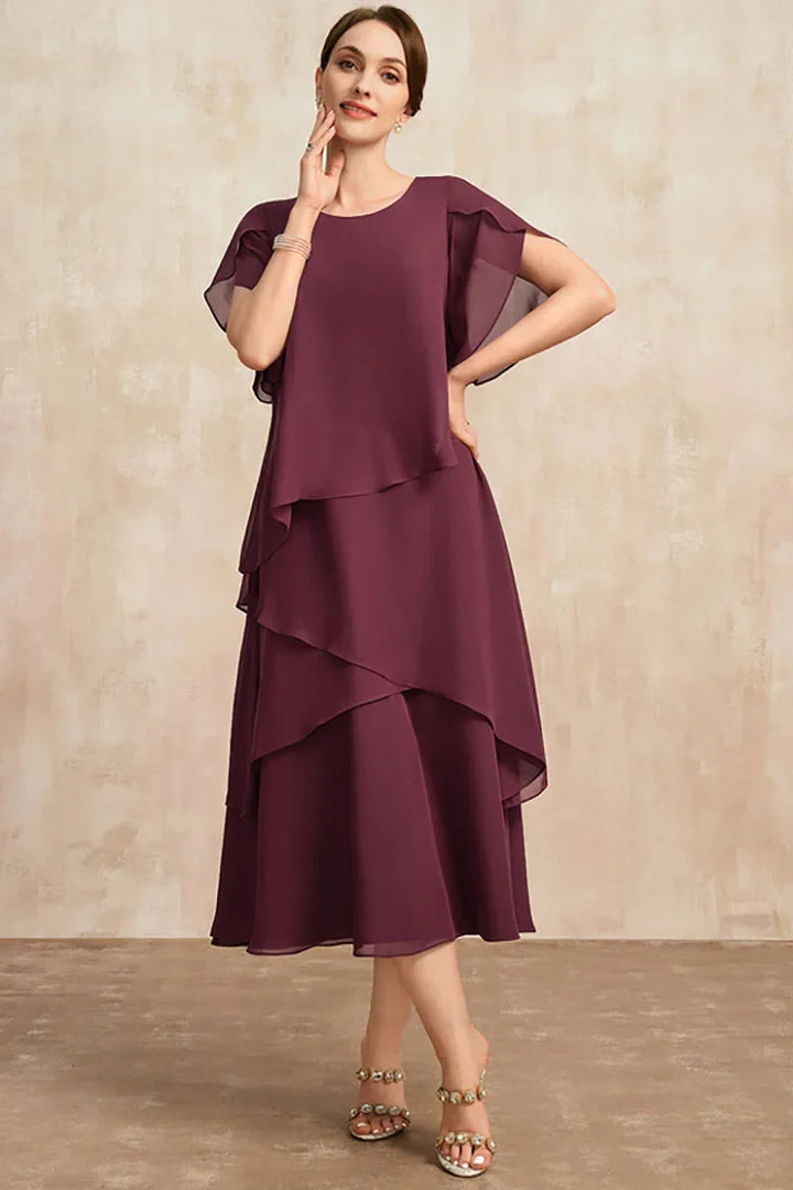 Monica Secrets | Flowy Short Sleeve Irregular Layered Long Dress