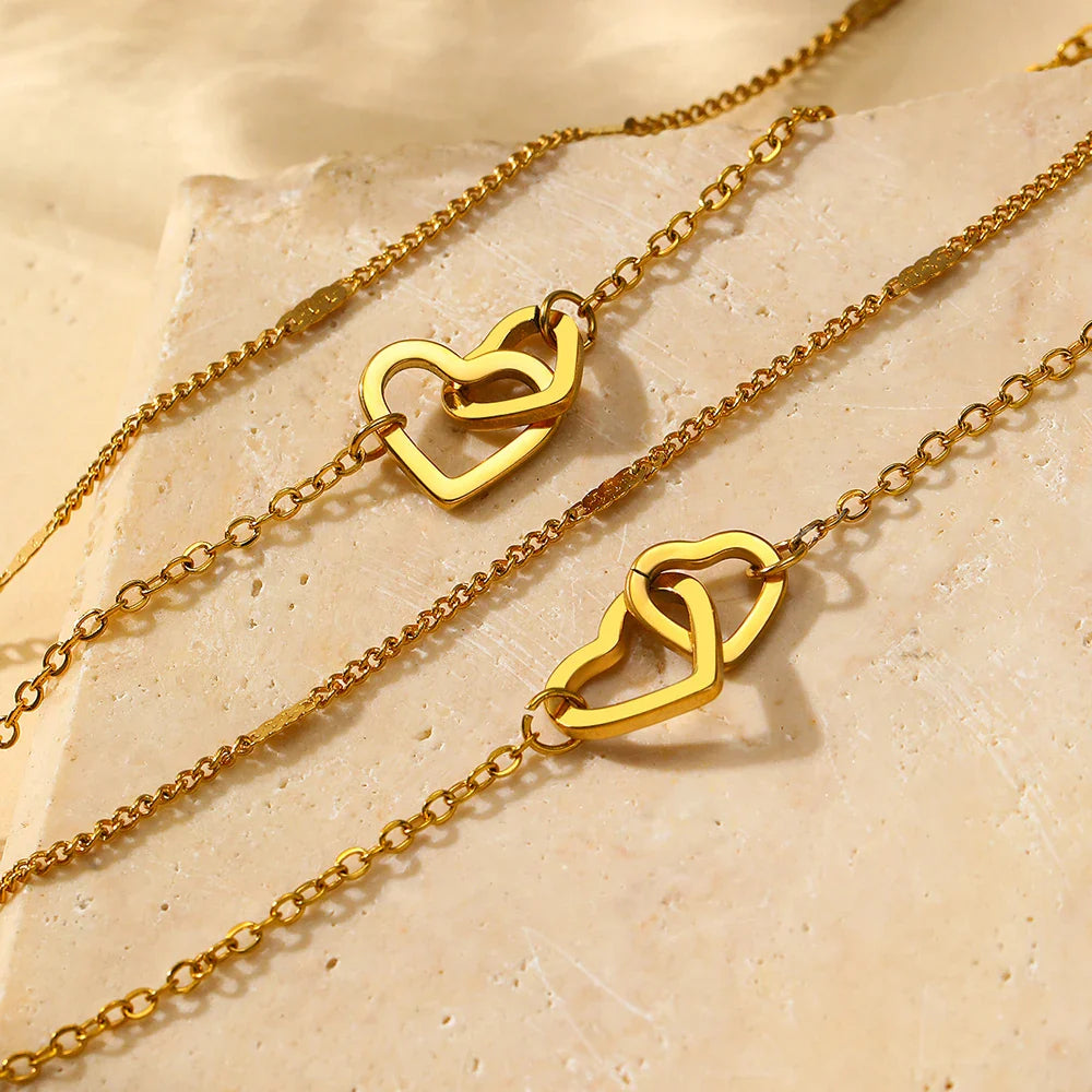 Dainty Curb & Chain Link Dual Heart Necklace and Bracelet Set