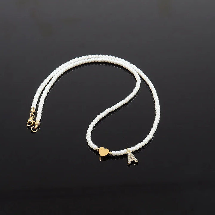 Dainty Beaded Heart Initial Necklace
