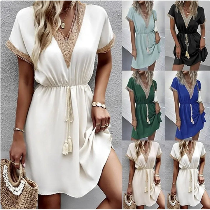 Monica Secrets | Chic V-Neck Boho Dress With Flattering Waist Tie