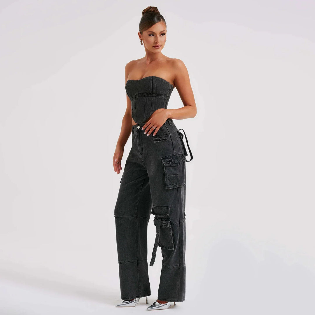 Monica Secrets | Women's Corset Top – Denim – Strapless – Fitted – Cropped