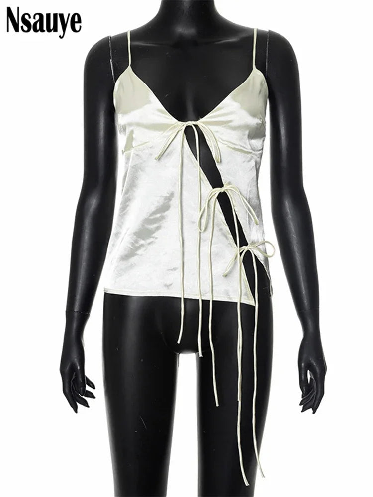 Monica Secrets | Camisole Top – Satin-Look – Deep V-Neck – Spaghetti Straps – Front Bow