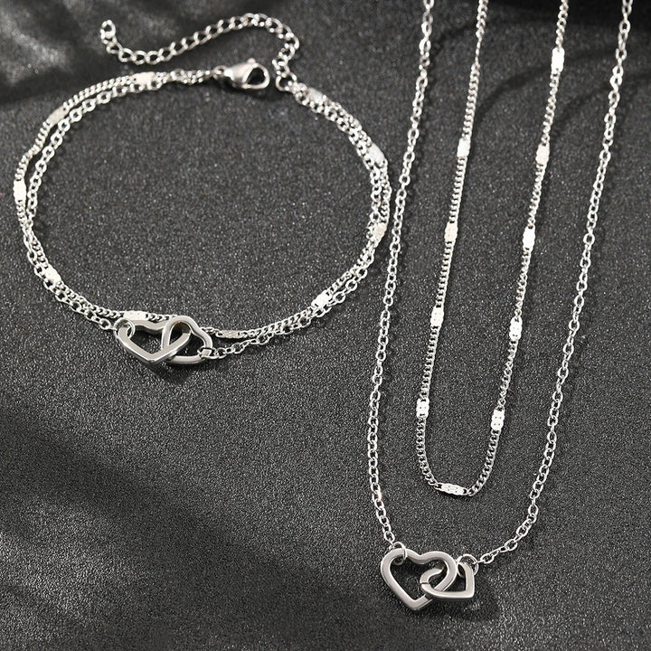 Dainty Curb & Chain Link Dual Heart Necklace and Bracelet Set
