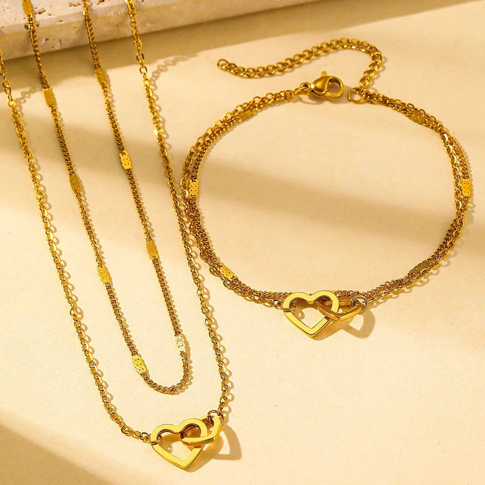 Dainty Curb & Chain Link Dual Heart Necklace and Bracelet Set
