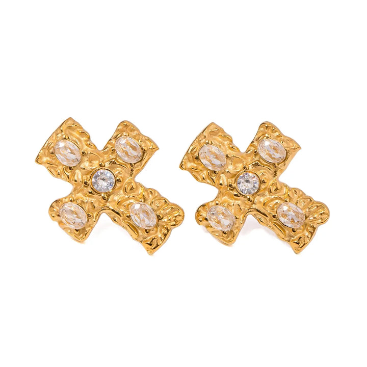 18k Textured Oval Diamond Cross Earrings