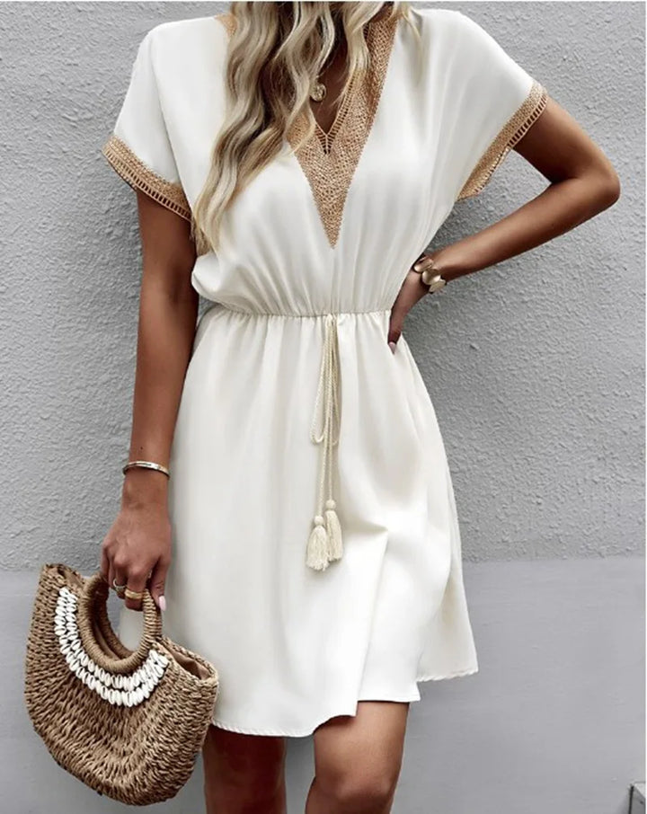 Monica Secrets | Chic V-Neck Boho Dress With Flattering Waist Tie