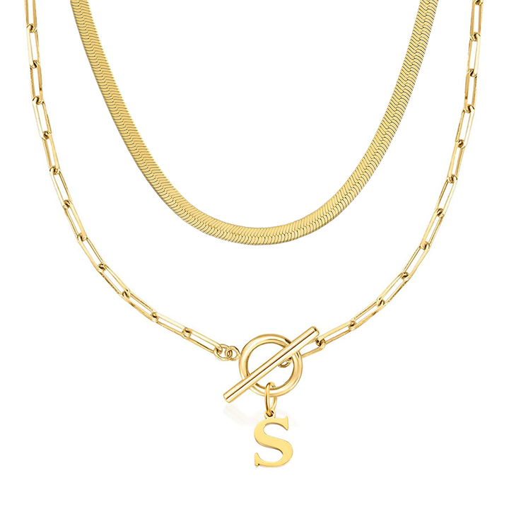 2pc Paperclip Initial Toggle Clasp & Herringbone Necklace Set