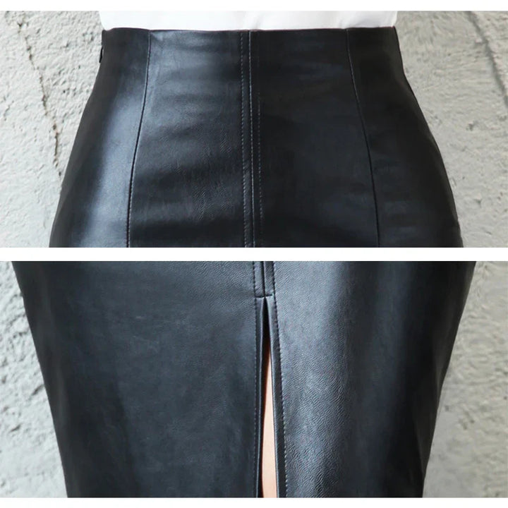 Monica Secrets | Sleek Black Leather Pencil Skirt