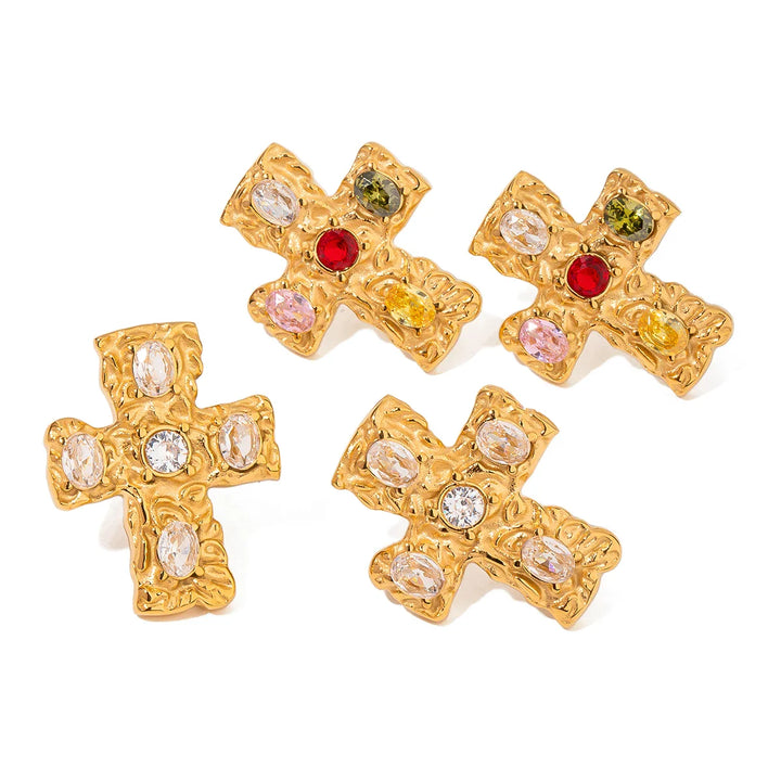 18k Textured Oval Diamond Cross Earrings