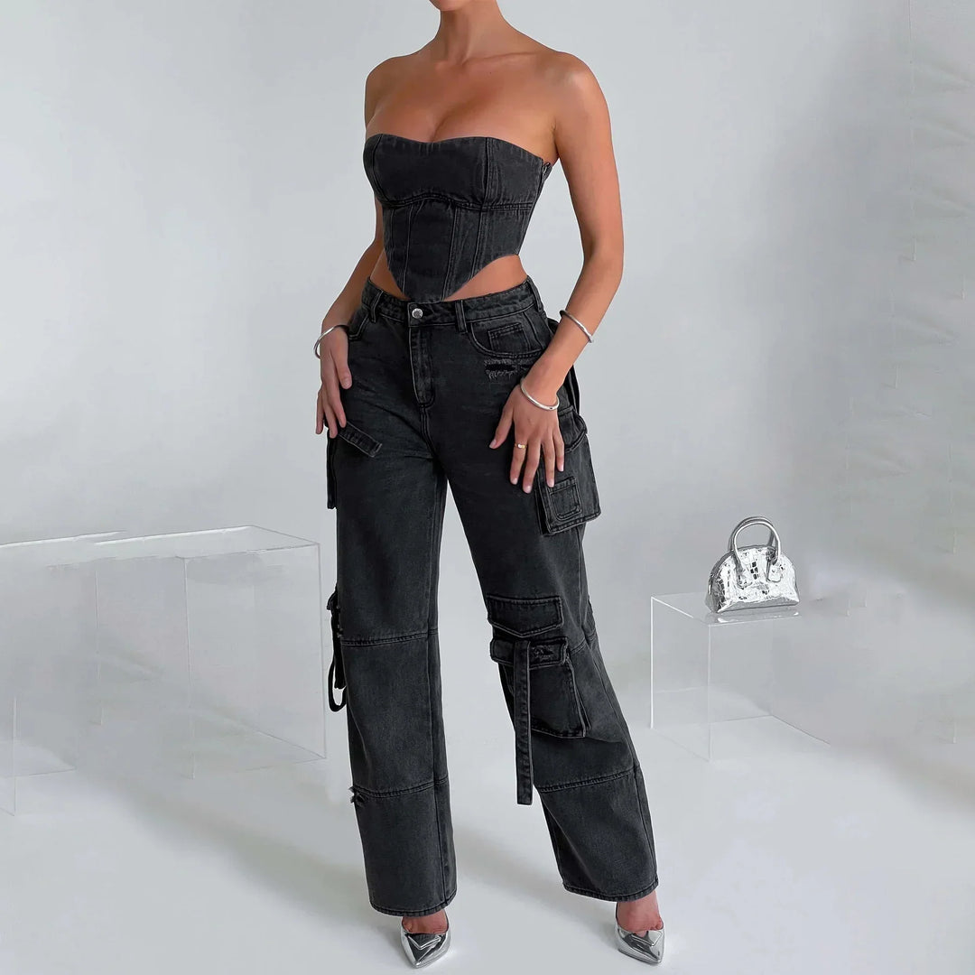 Monica Secrets | Women's Corset Top – Denim – Strapless – Fitted – Cropped