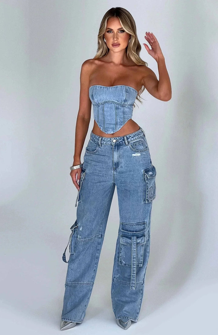 Monica Secrets | Women's Corset Top – Denim – Strapless – Fitted – Cropped