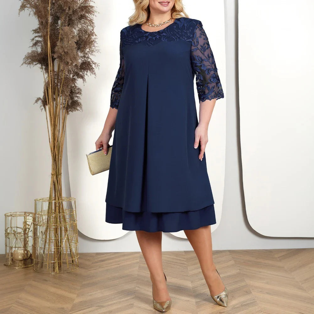 Monica Secrets | Elegant Chiffon Lace Midi Dress