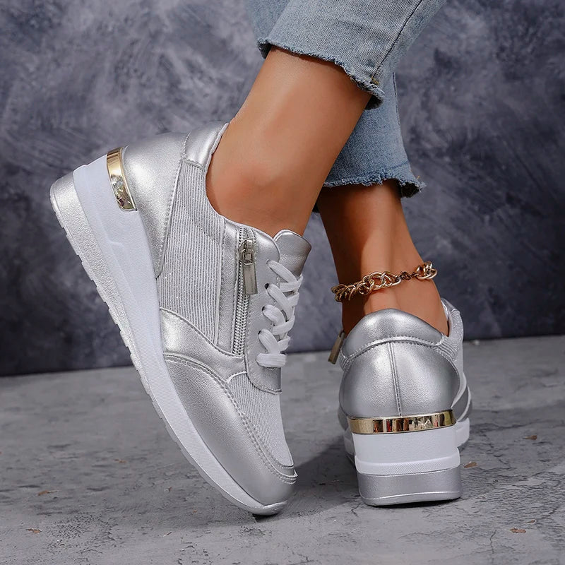 Monica Secrets | Metallic Finish Lace-Up Platform Sneakers