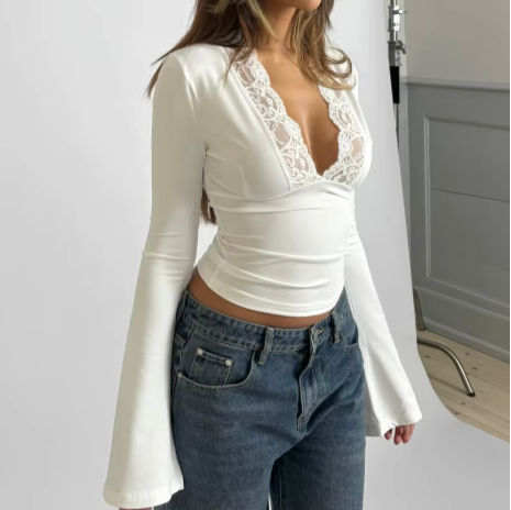 Monica Secrets | Slim Fit V-Neck Lace Top with Long Bell Sleeves