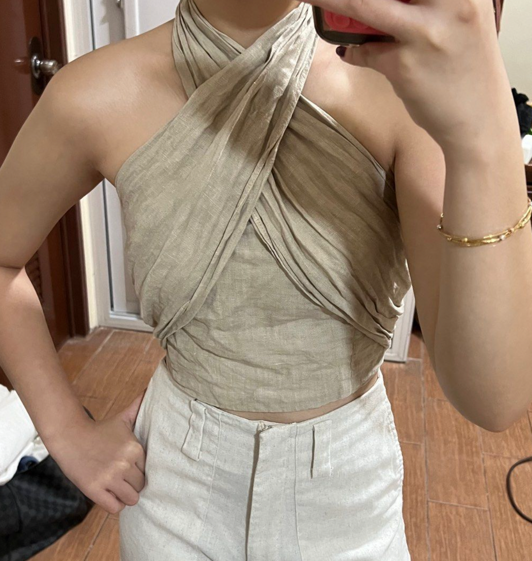 Monica Secrets | Women's Haltertop – Crisscross Design – Sleeveless – Fitted – Breathable Cotton/Linen