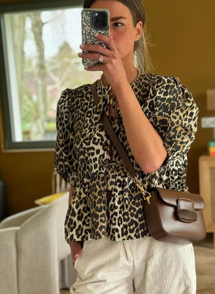 Monica Secrets | Blouse - Loose Fit - Puff Sleeve - Peplum Style - Front Tie Closure