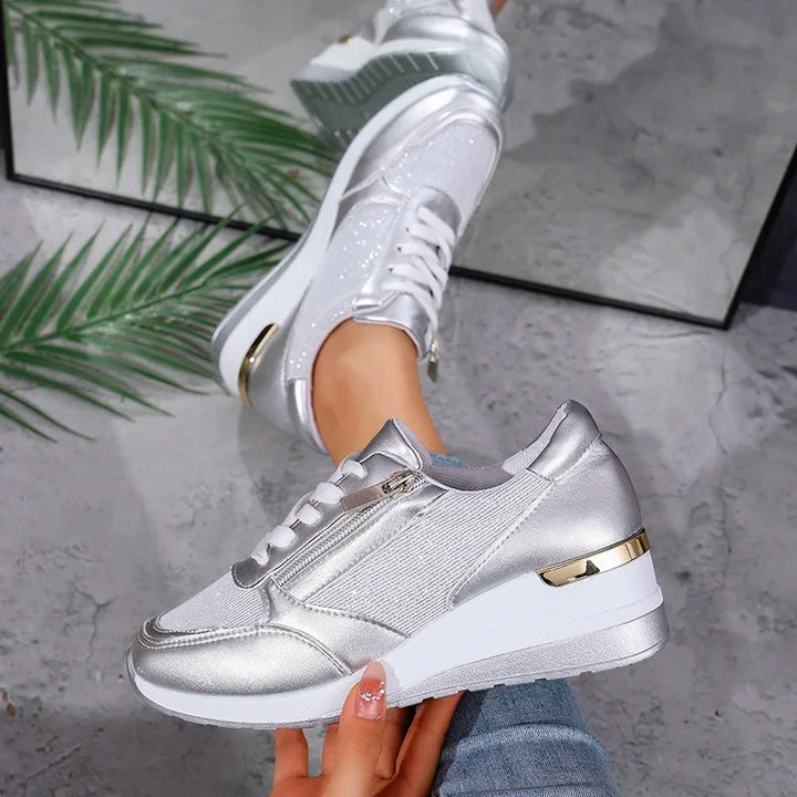 Monica Secrets | Metallic Finish Lace-Up Platform Sneakers