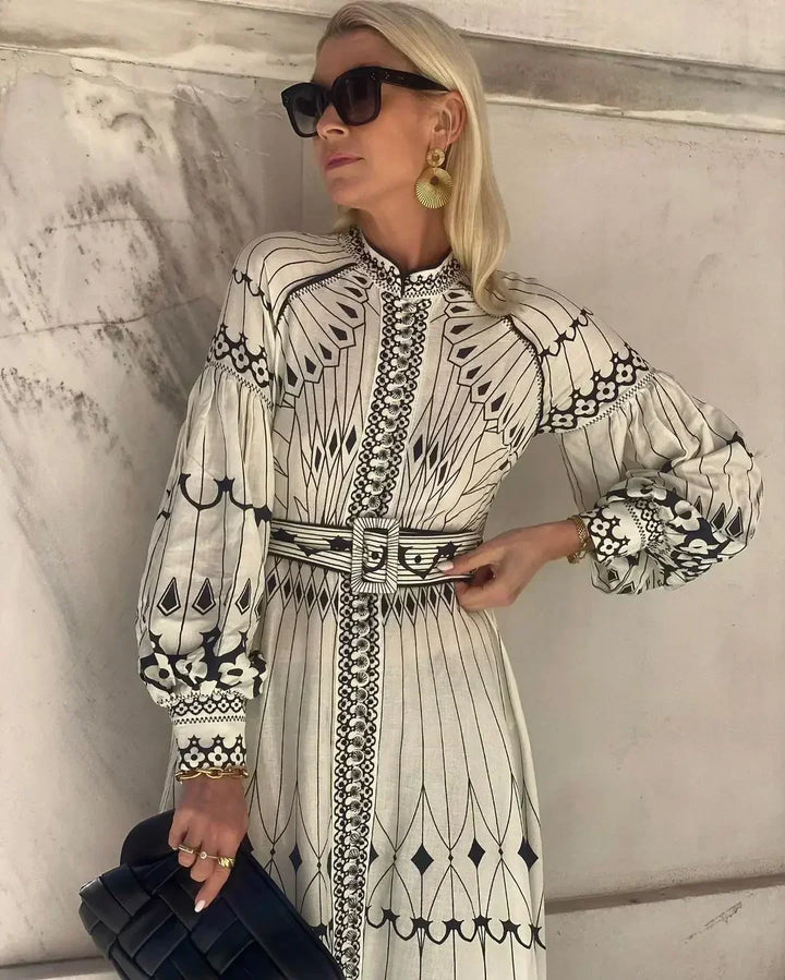 Monica Secrets | Elegant Retro Pattern Print A-Line Dress