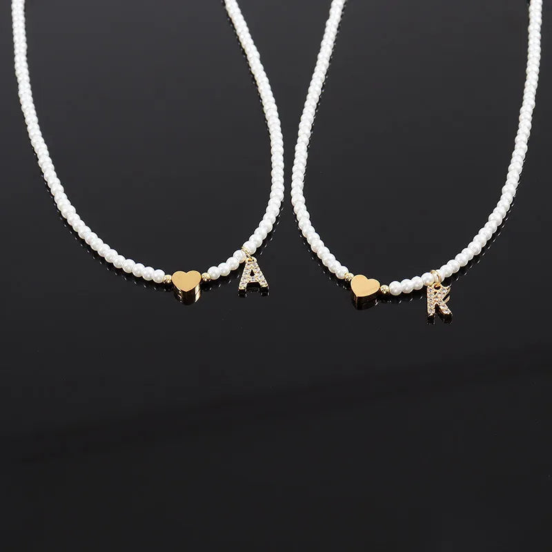 Dainty Beaded Heart Initial Necklace