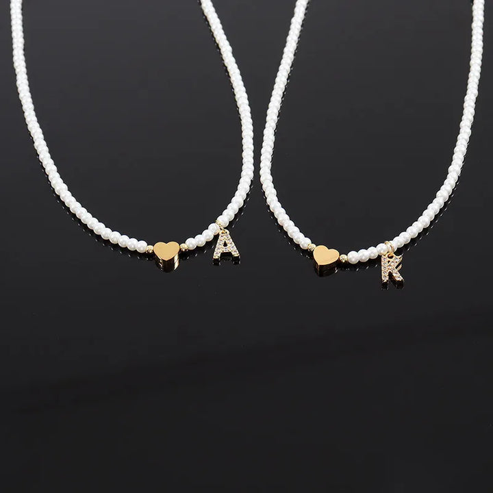 Dainty Beaded Heart Initial Necklace