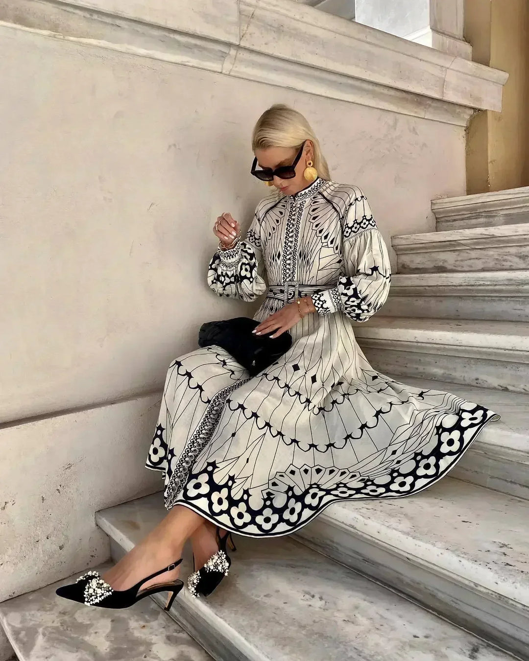 Monica Secrets | Elegant Retro Pattern Print A-Line Dress