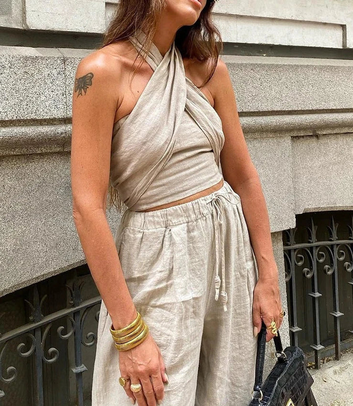 Monica Secrets | Women's Haltertop – Crisscross Design – Sleeveless – Fitted – Breathable Cotton/Linen