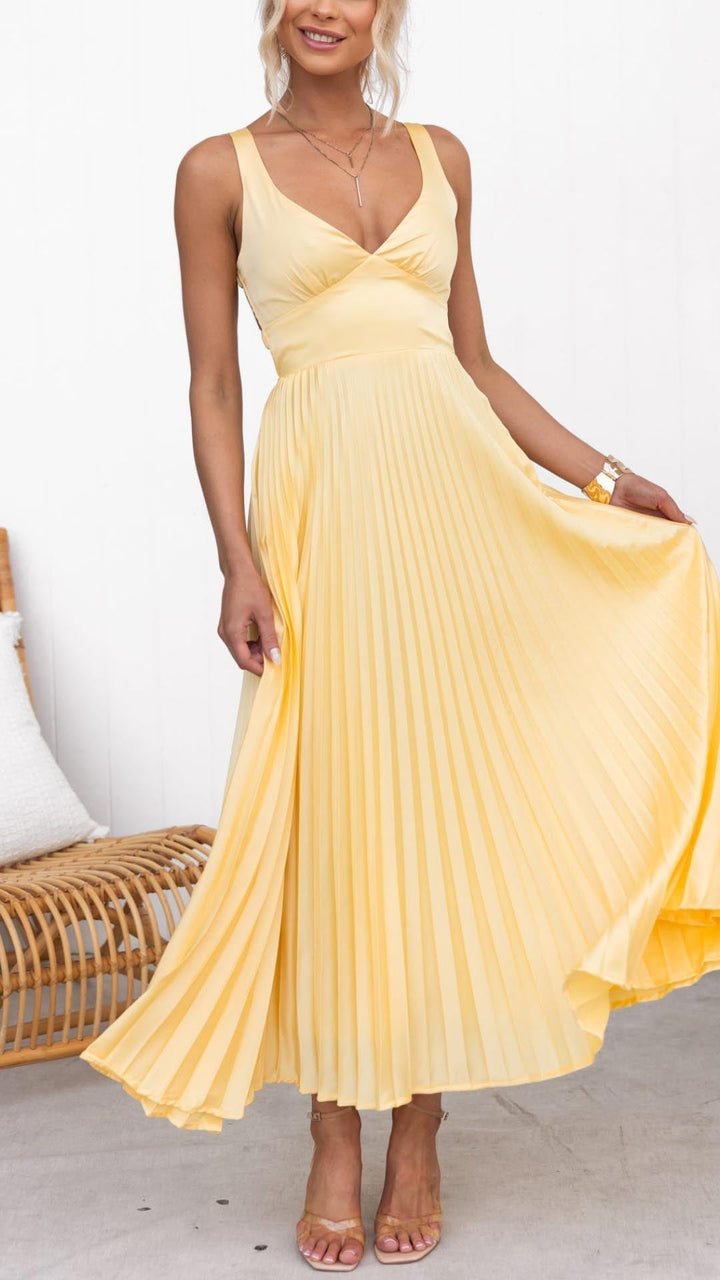 Monica Secrets | Pleated V-Neck Maxi Dress