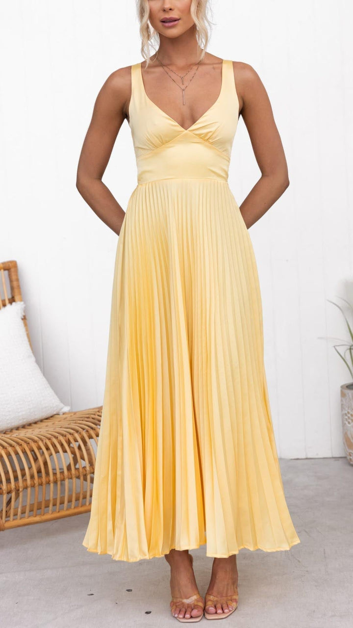 Monica Secrets | Pleated V-Neck Maxi Dress