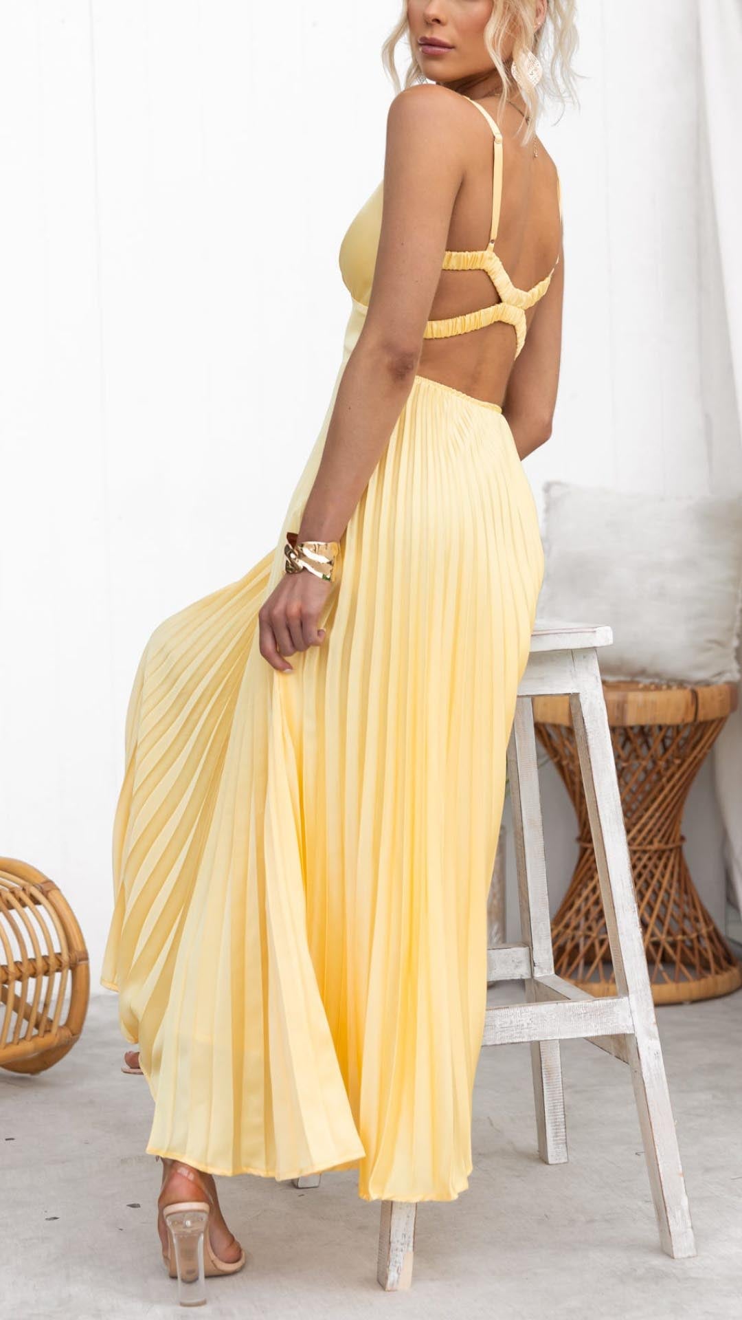 Monica Secrets | Pleated V-Neck Maxi Dress
