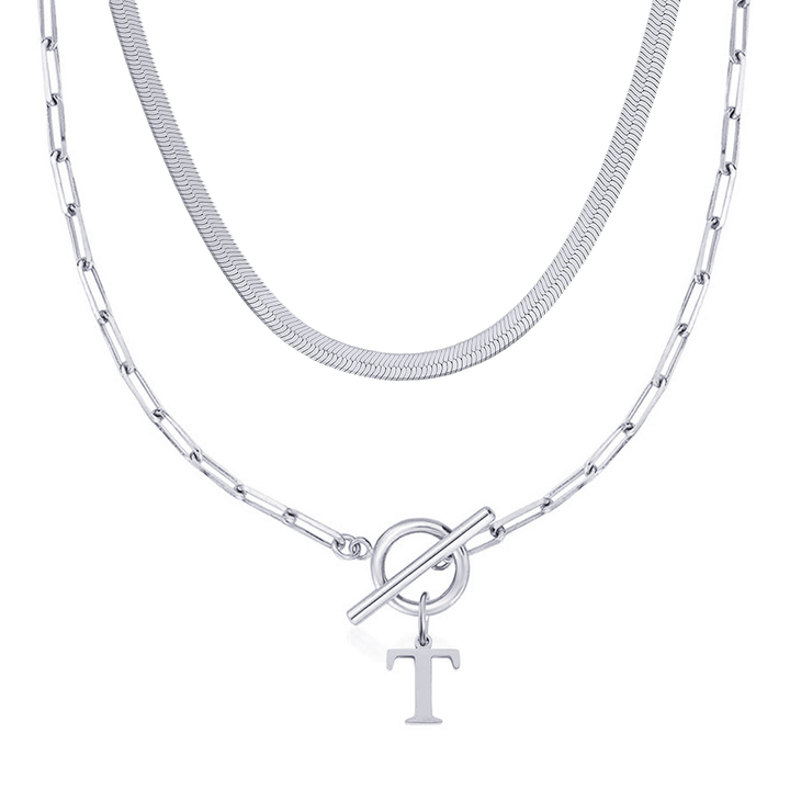2pc Paperclip Initial Toggle Clasp & Herringbone Necklace Set