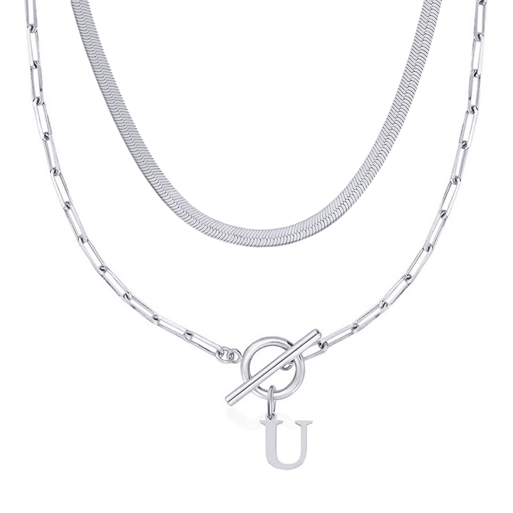 2pc Paperclip Initial Toggle Clasp & Herringbone Necklace Set