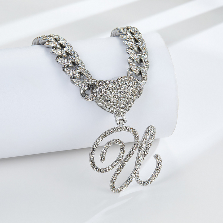 Cursive Diamond Accented Initial Cuban Heart Necklace