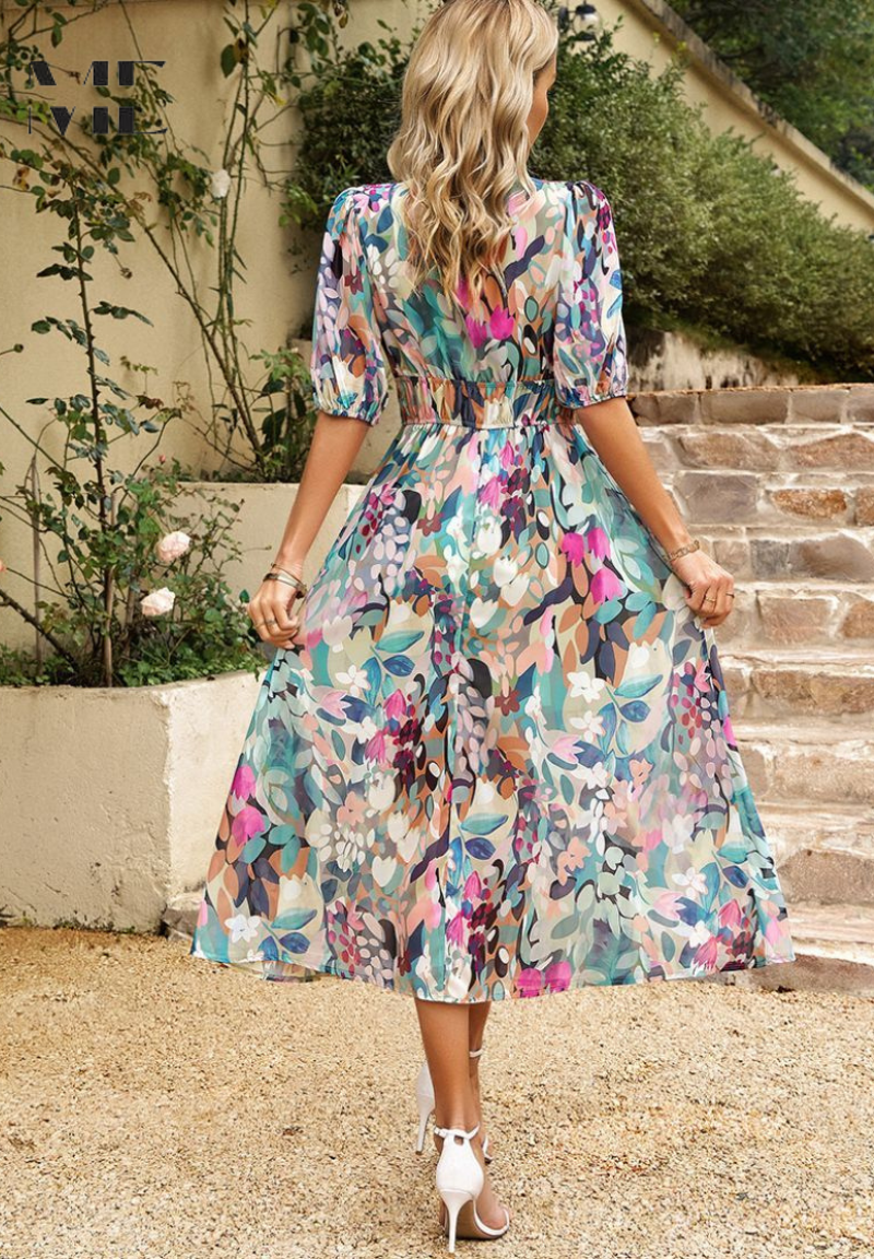 Monica Secrets | Elegant Floral Midi Dress, Puff Sleeves
