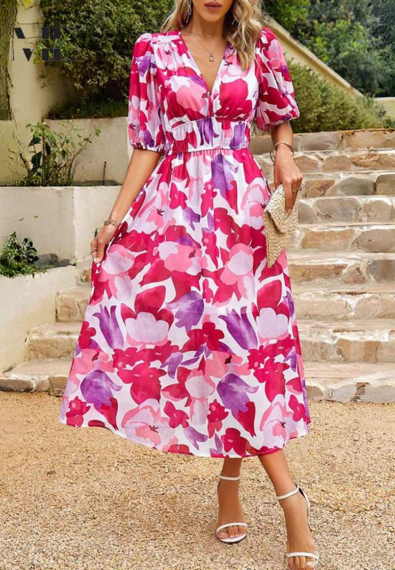 Monica Secrets | Elegant Floral Midi Dress, Puff Sleeves