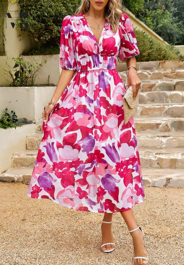 Monica Secrets | Elegant Floral Midi Dress, Puff Sleeves