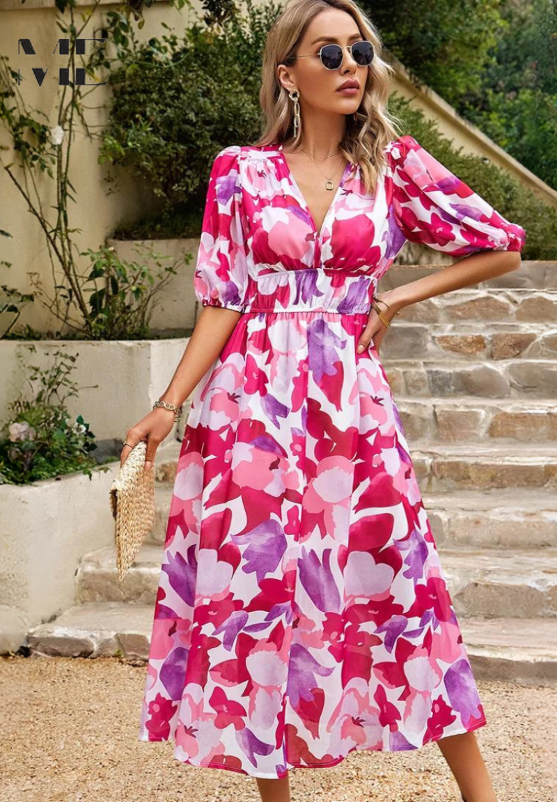 Monica Secrets | Elegant Floral Midi Dress, Puff Sleeves
