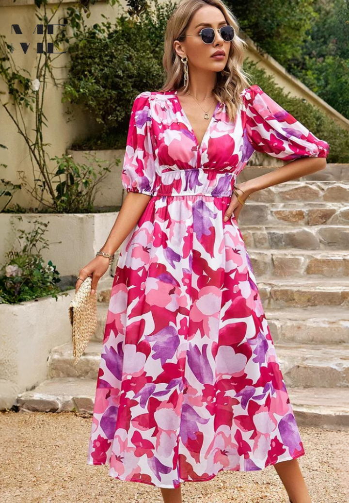 Monica Secrets | Elegant Floral Midi Dress, Puff Sleeves