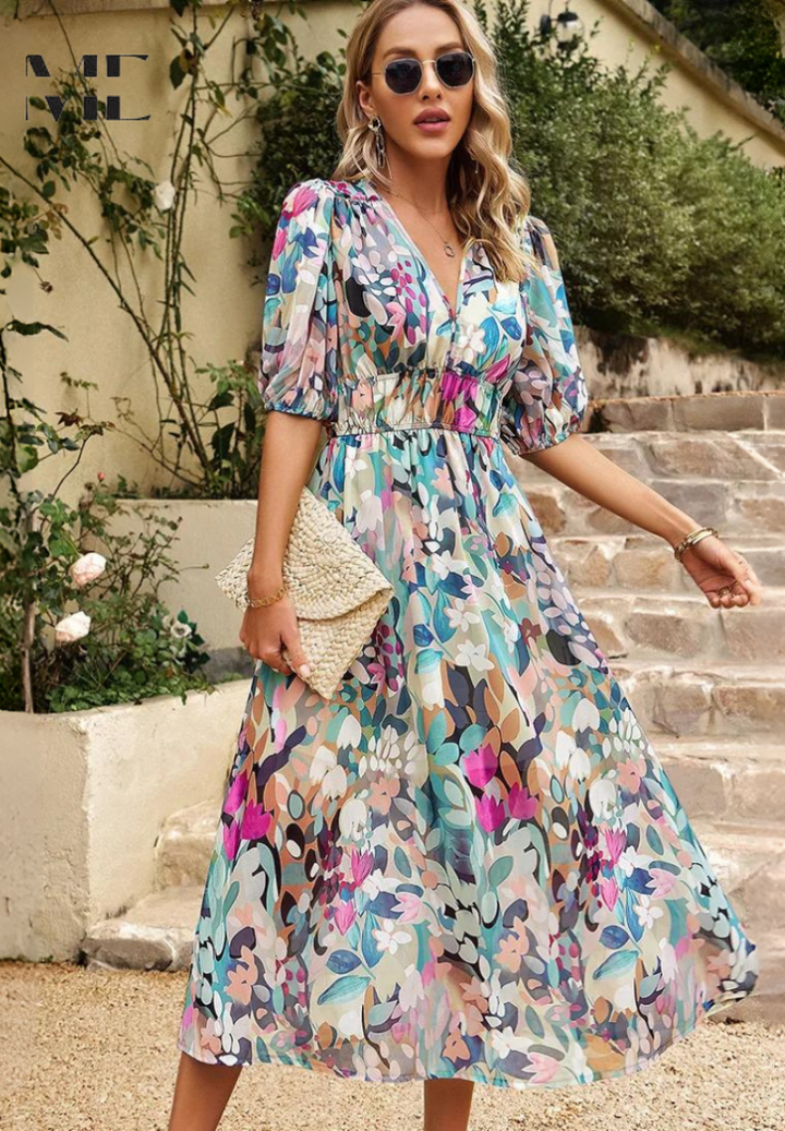 Monica Secrets | Elegant Floral Midi Dress, Puff Sleeves