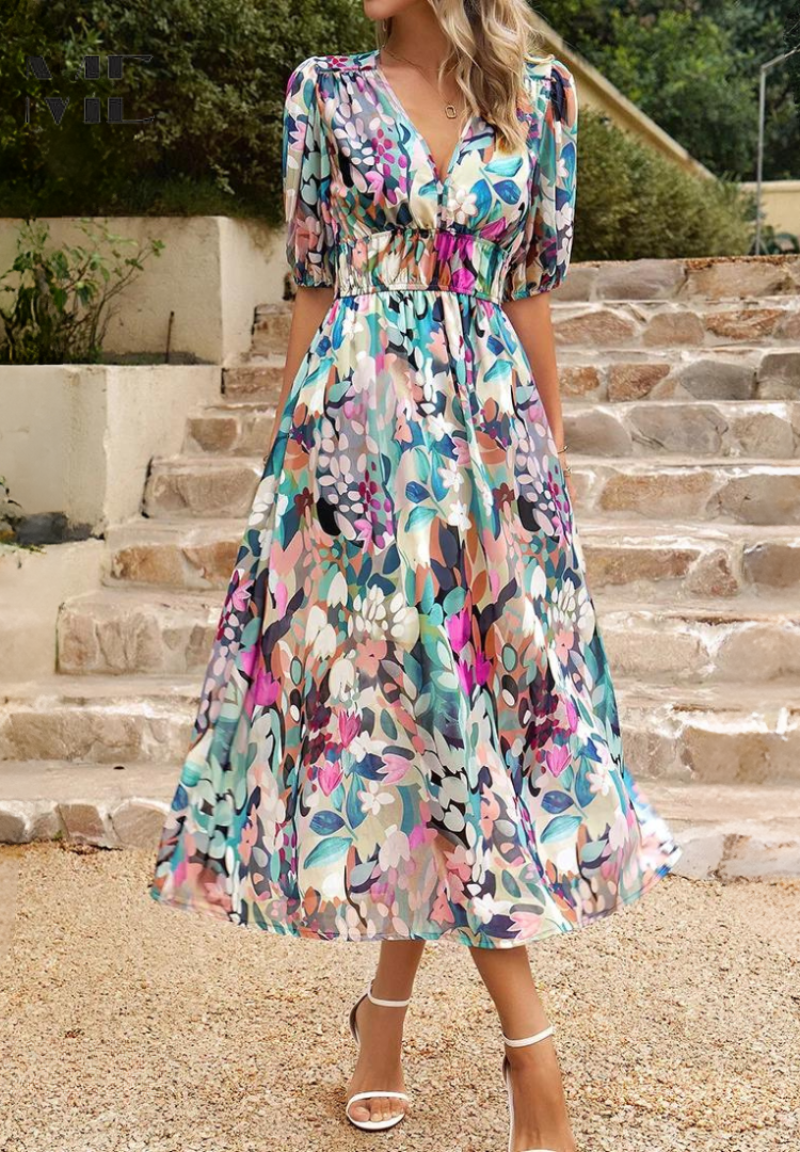 Monica Secrets | Elegant Floral Midi Dress, Puff Sleeves