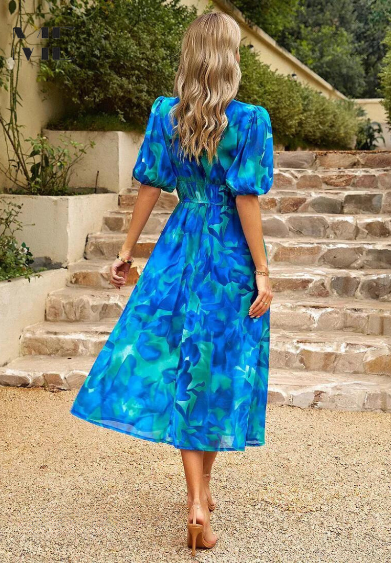 Monica Secrets | Elegant Floral Midi Dress, Puff Sleeves