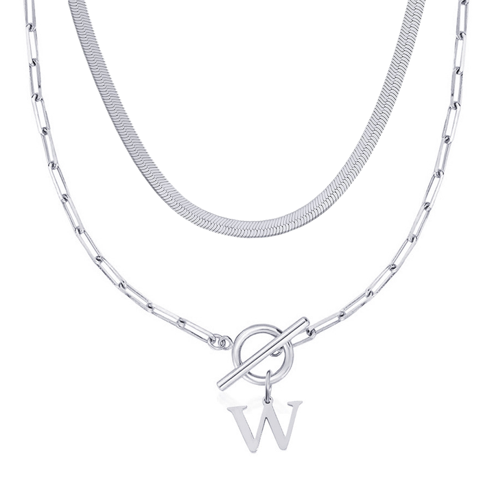 2pc Paperclip Initial Toggle Clasp & Herringbone Necklace Set