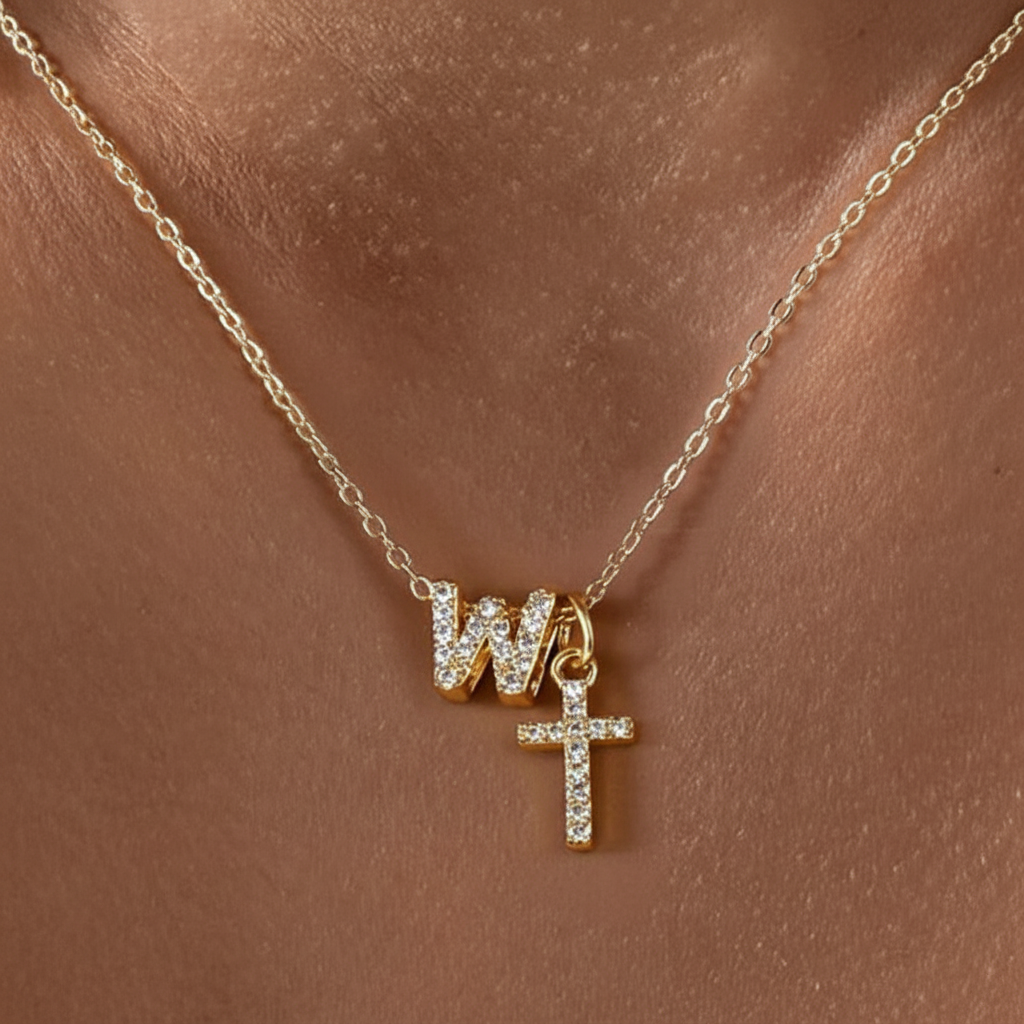 Dainty Diamond Initial & Cross Necklace